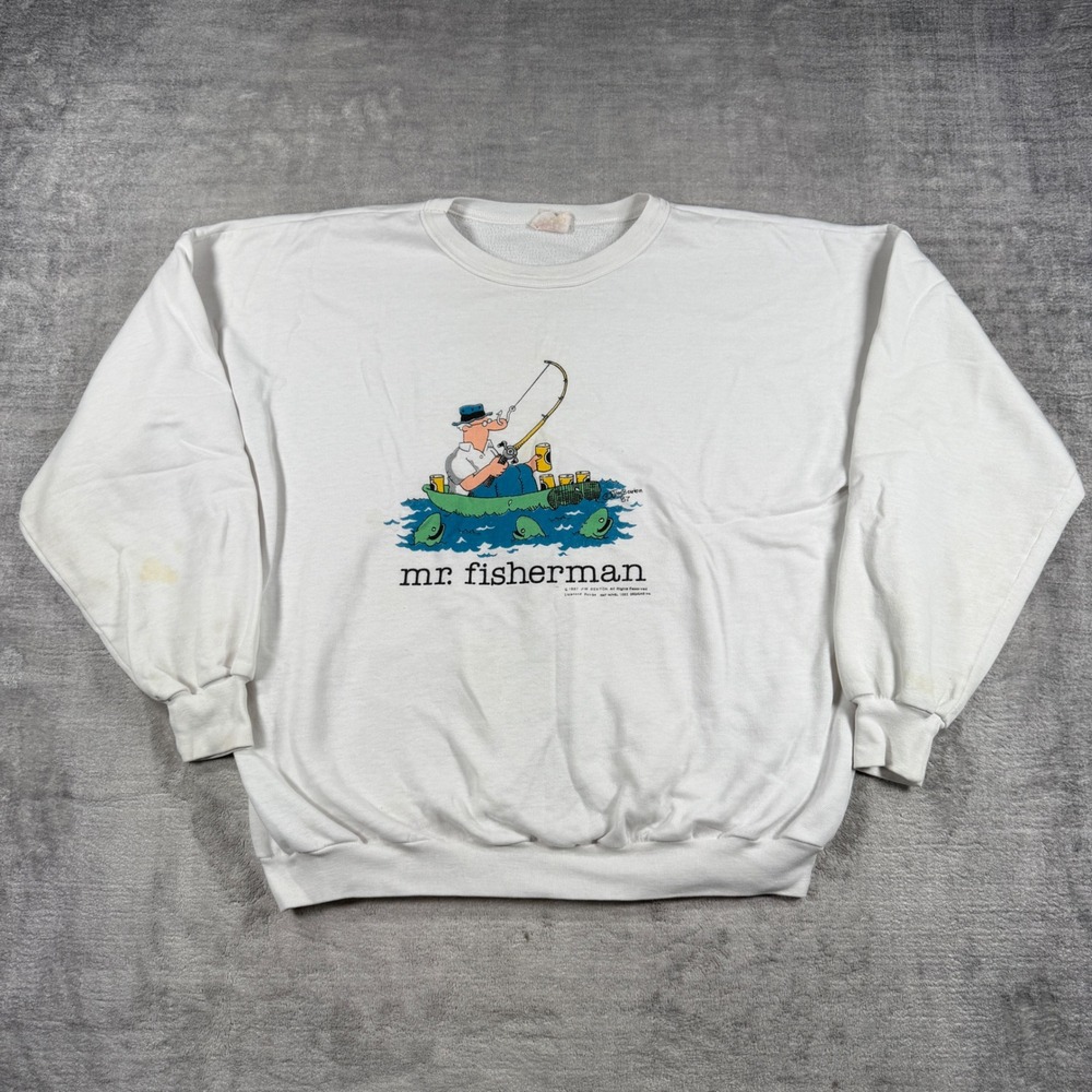 Vintage Fishing Sweatshirt Mens XL White Novel Teez Mr Fisherman 1987 Jim Benton
